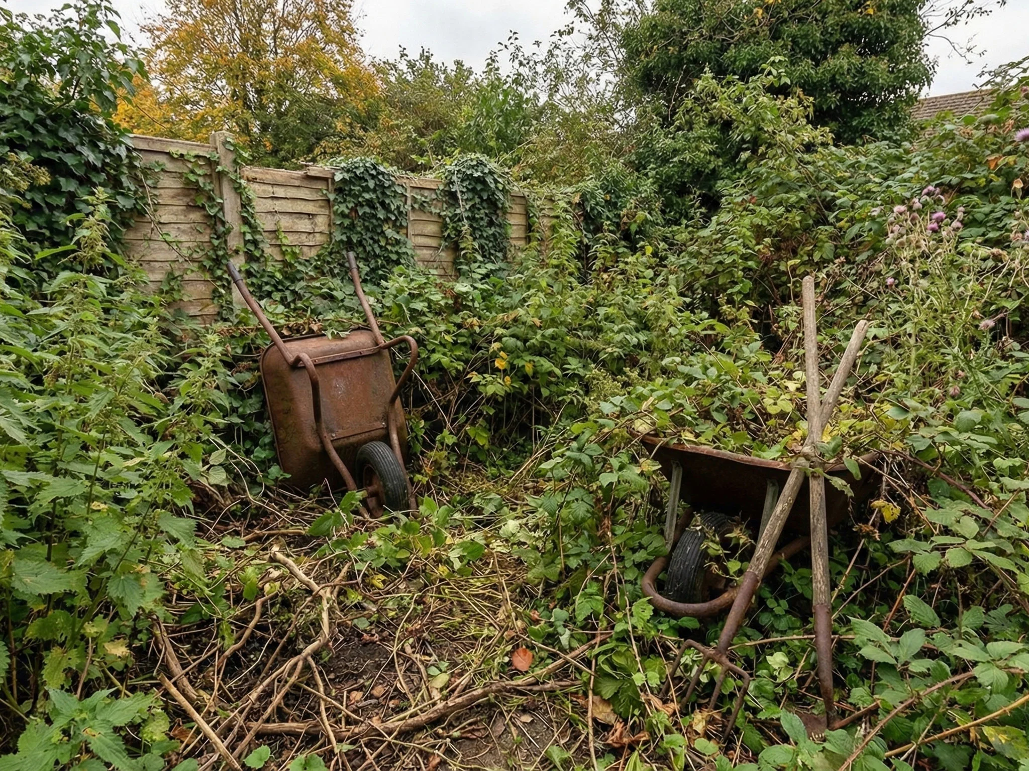 Überwucherter Garten vor der Pflege