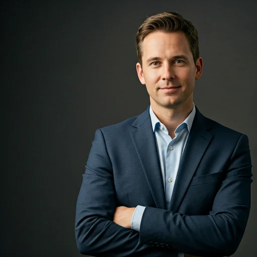 Portrait of the founder in a professional setting, looking confident.